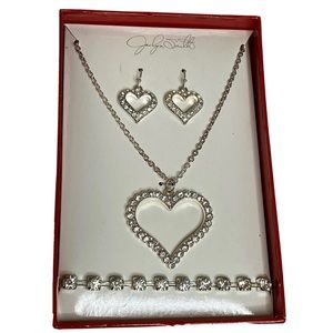 Ladies Heart bracelet & Necklace Earrings Set Silver Metal & CZ Cubic Zirconium